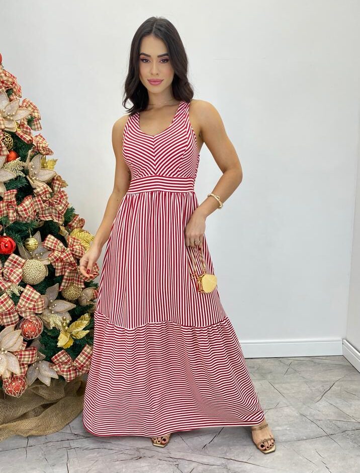 Vestido Longo com Bojo e Lastex Alça Grossa Listrado de Vermelho - Fernanda Ramos Store