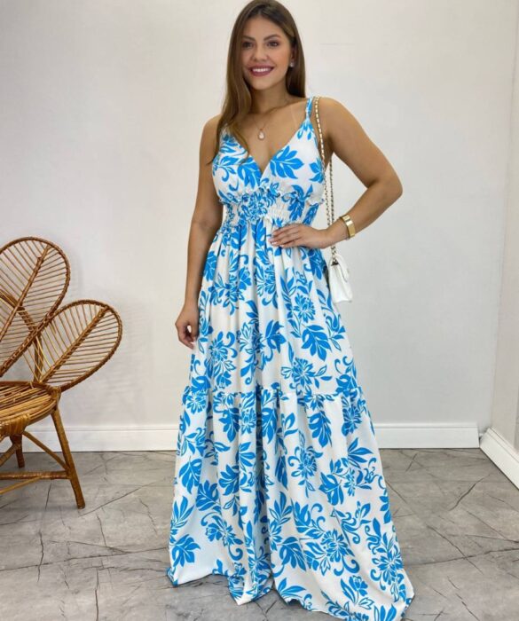 Vestido Longo com Bojo e Lastex Alça Regulável Estampado Branco - Fernanda Ramos Store