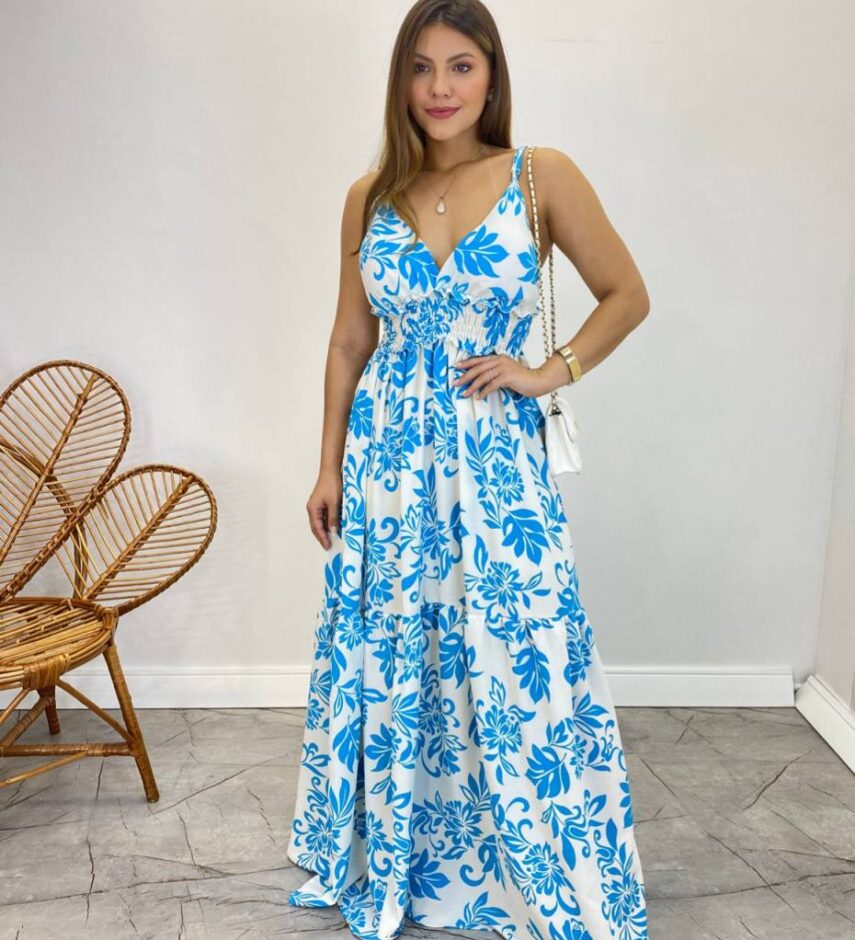 Vestido Longo com Bojo e Lastex Alça Regulável Estampado Branco - Fernanda Ramos Store