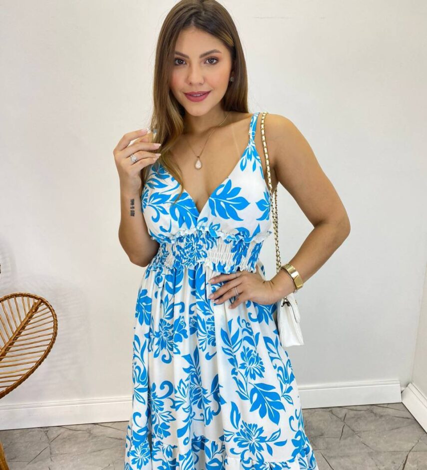 Vestido Longo com Bojo e Lastex Alça Regulável Estampado Branco - Fernanda Ramos Store