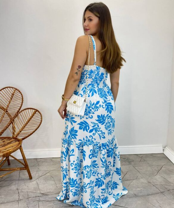 Vestido Longo com Bojo e Lastex Alça Regulável Estampado Branco - Fernanda Ramos Store