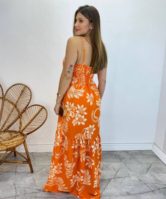 Vestido Longo com Bojo e Lastex Alça Regulável Estampado Laranja - Fernanda Ramos Store