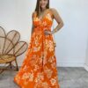 Vestido Longo com Bojo e Lastex Alça Regulável Estampado Laranja - Fernanda Ramos Store