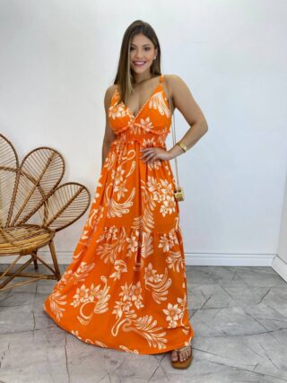 Vestido Longo com Bojo e Lastex Alça Regulável Estampado Laranja - Fernanda Ramos Store