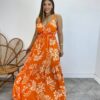 Vestido Longo com Bojo e Lastex Alça Regulável Estampado Laranja - Fernanda Ramos Store