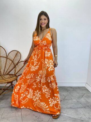 Vestido Longo com Bojo e Lastex Alça Regulável Estampado Laranja - Fernanda Ramos Store