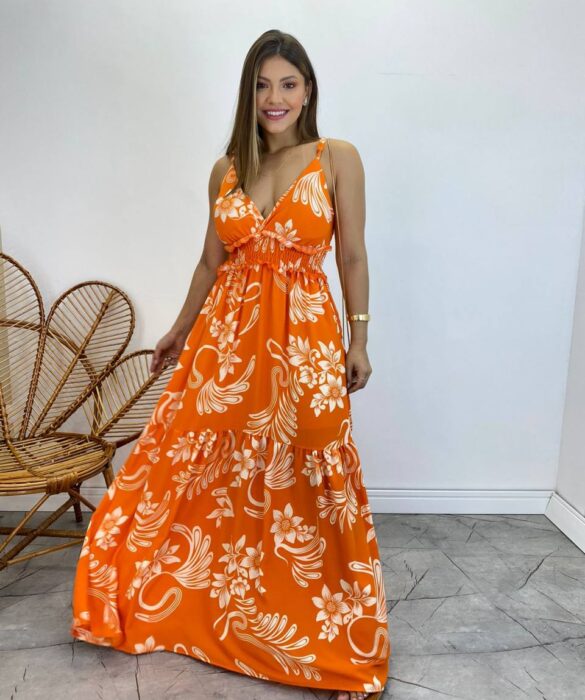 Vestido Longo com Bojo e Lastex Alça Regulável Estampado Laranja - Fernanda Ramos Store