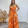 Vestido Longo com Bojo e Lastex Alça Regulável Estampado Laranja - Fernanda Ramos Store