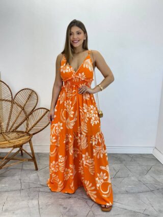 Vestido Longo com Bojo e Lastex Alça Regulável Estampado Laranja - Fernanda Ramos Store