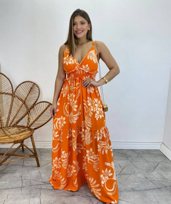 Vestido Longo com Bojo e Lastex Alça Regulável Estampado Laranja - Fernanda Ramos Store