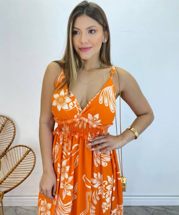 Vestido Longo com Bojo e Lastex Alça Regulável Estampado Laranja - Fernanda Ramos Store