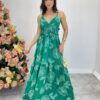 Vestido Longo com Bojo e Lastex Alça Regulável Estampado Verde - Fernanda Ramos Store