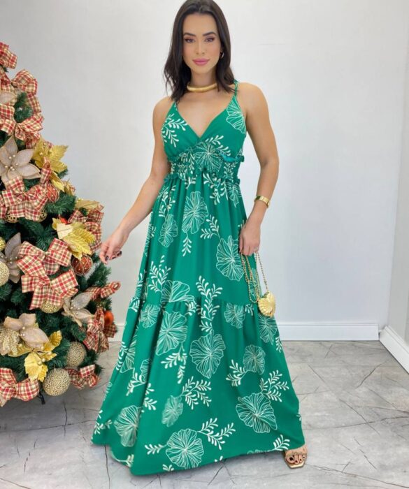 Vestido Longo com Bojo e Lastex Alça Regulável Estampado Verde - Fernanda Ramos Store