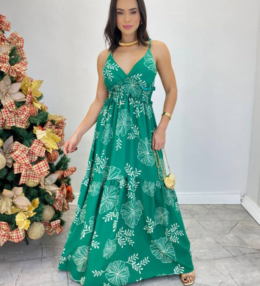 Vestido Longo com Bojo e Lastex Alça Regulável Estampado Verde - Fernanda Ramos Store