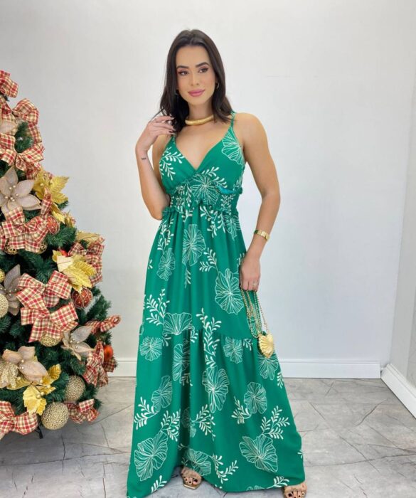 Vestido Longo com Bojo e Lastex Alça Regulável Estampado Verde - Fernanda Ramos Store