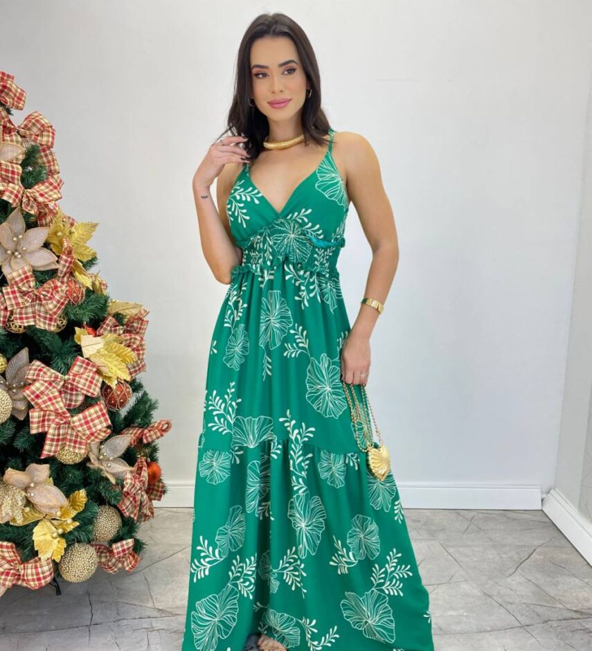 Vestido Longo com Bojo e Lastex Alça Regulável Estampado Verde - Fernanda Ramos Store