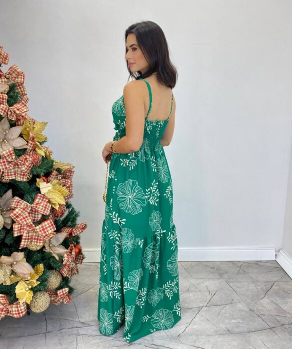 Vestido Longo com Bojo e Lastex Alça Regulável Estampado Verde - Fernanda Ramos Store