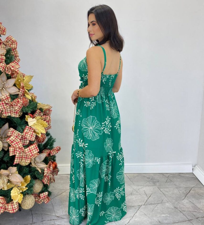Vestido Longo com Bojo e Lastex Alça Regulável Estampado Verde - Fernanda Ramos Store