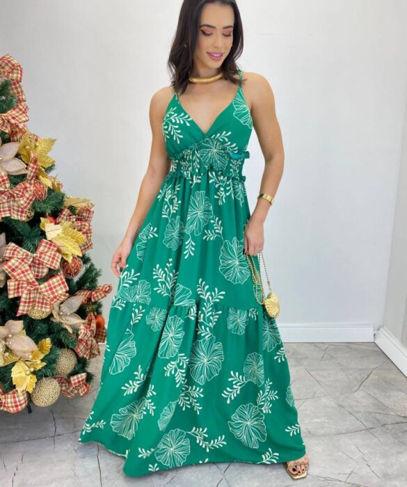 Vestido Longo com Bojo e Lastex Alça Regulável Estampado Verde - Fernanda Ramos Store