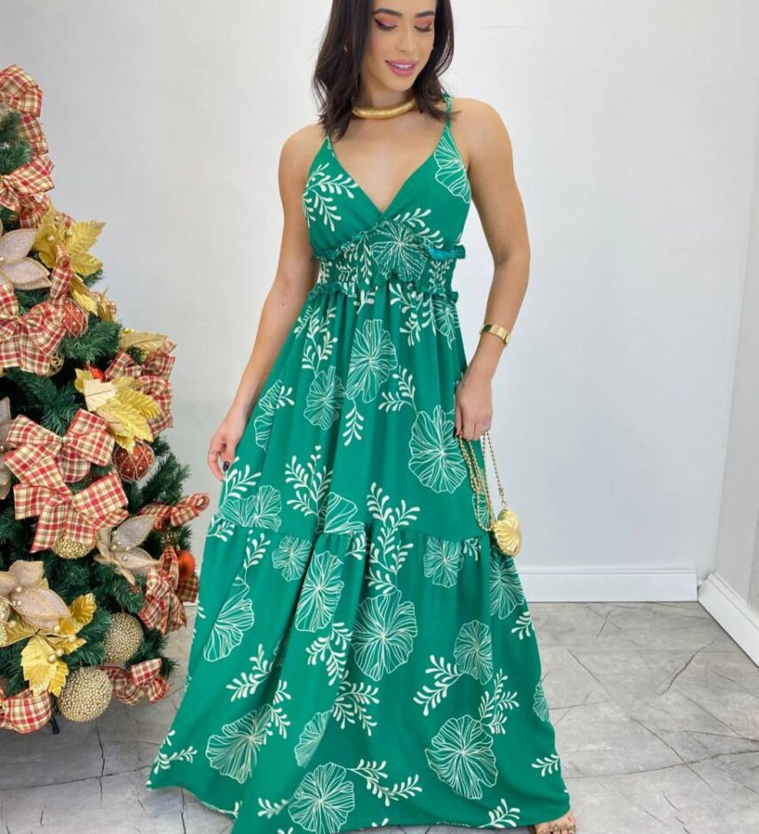 Vestido Longo com Bojo e Lastex Alça Regulável Estampado Verde - Fernanda Ramos Store
