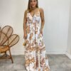 Vestido Longo com Bojo e Lastex Estampa Floral Bege Fundo Branco - Fernanda Ramos Store