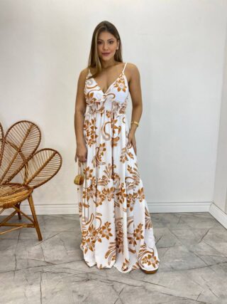 Vestido Longo com Bojo e Lastex Estampa Floral Bege Fundo Branco - Fernanda Ramos Store