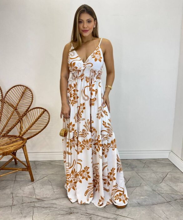 Vestido Longo com Bojo e Lastex Estampa Floral Bege Fundo Branco - Fernanda Ramos Store