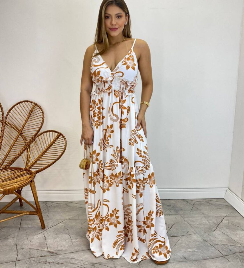 Vestido Longo com Bojo e Lastex Estampa Floral Bege Fundo Branco - Fernanda Ramos Store