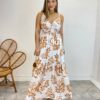 Vestido Longo com Bojo e Lastex Estampa Floral Bege Fundo Branco - Fernanda Ramos Store