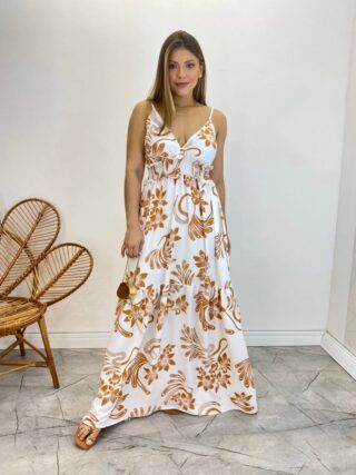 Vestido Longo com Bojo e Lastex Estampa Floral Bege Fundo Branco - Fernanda Ramos Store