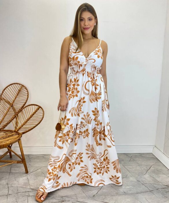 Vestido Longo com Bojo e Lastex Estampa Floral Bege Fundo Branco - Fernanda Ramos Store