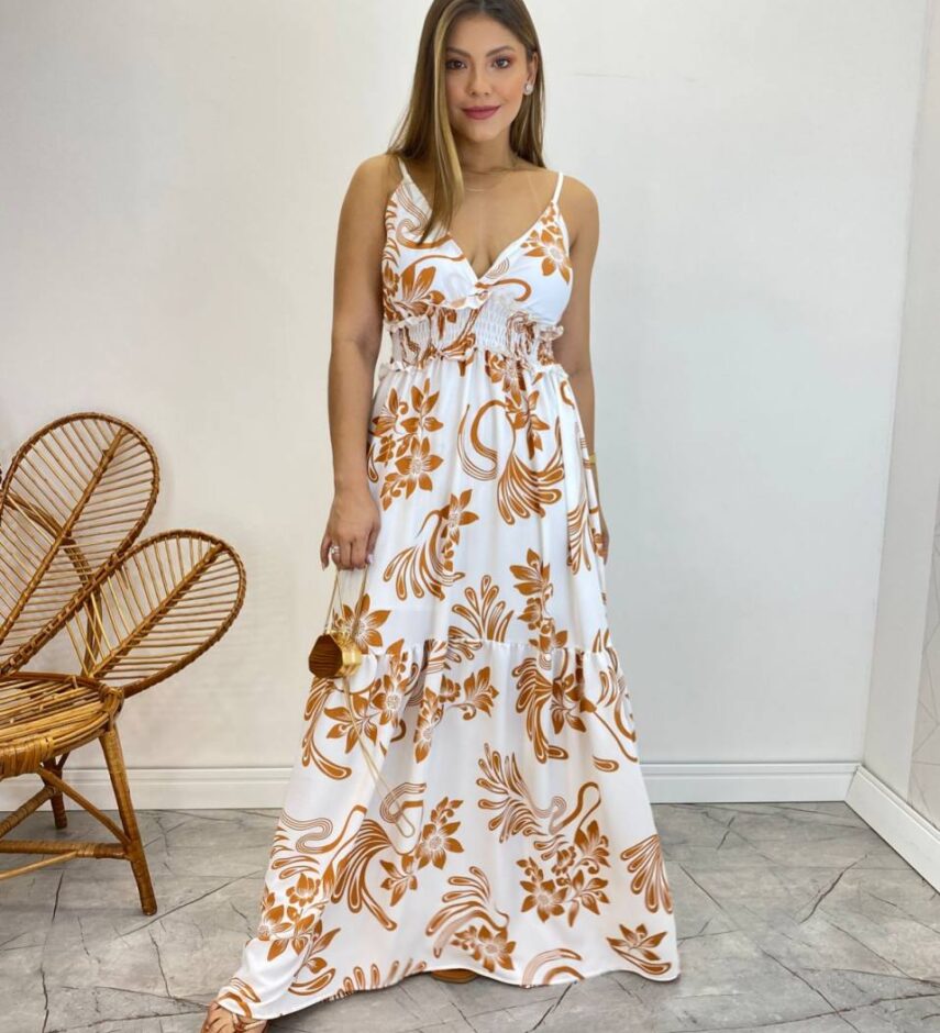 Vestido Longo com Bojo e Lastex Estampa Floral Bege Fundo Branco - Fernanda Ramos Store