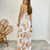 Vestido Longo com Bojo e Lastex Estampa Floral Bege Fundo Branco - Fernanda Ramos Store