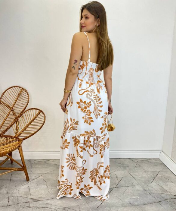 Vestido Longo com Bojo e Lastex Estampa Floral Bege Fundo Branco - Fernanda Ramos Store