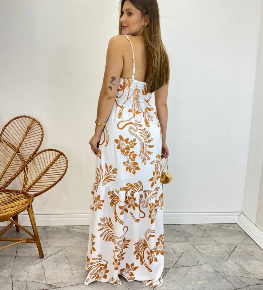 Vestido Longo com Bojo e Lastex Estampa Floral Bege Fundo Branco - Fernanda Ramos Store