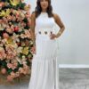 Vestido Longo com Bojo Heloisa com Fenda Branco - Fernanda Ramos Store