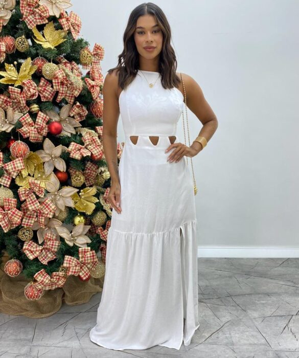 Vestido Longo com Bojo Heloisa com Fenda Branco - Fernanda Ramos Store