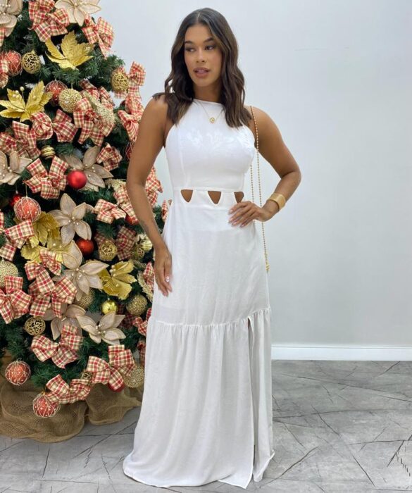 Vestido Longo com Bojo Heloisa com Fenda Branco - Fernanda Ramos Store