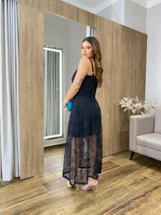 Vestido Longo de Guipir sem Bojo com Alça Regulável Preto - Fernanda Ramos Store