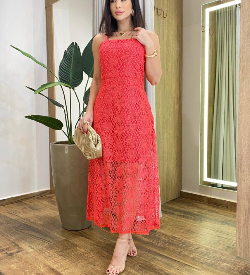 Vestido Longo de Guipir sem Bojo com Alça Regulável Vermelho - Fernanda Ramos Store