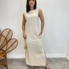 Vestido Longo de Linho Alça Grossa com Fenda Lateral Bege - Fernanda Ramos Store