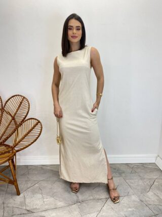 Vestido Longo de Linho Alça Grossa com Fenda Lateral Bege - Fernanda Ramos Store