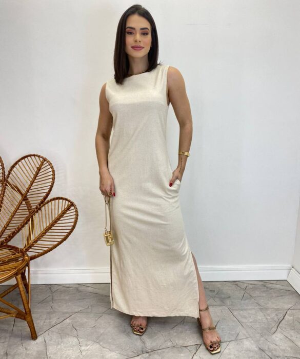 Vestido Longo de Linho Alça Grossa com Fenda Lateral Bege - Fernanda Ramos Store