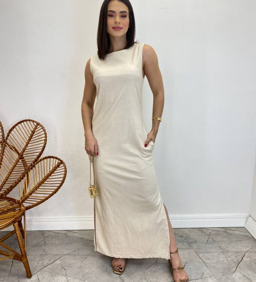Vestido Longo de Linho Alça Grossa com Fenda Lateral Bege - Fernanda Ramos Store