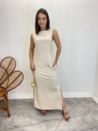 Vestido Longo de Linho Alça Grossa com Fenda Lateral Bege - Fernanda Ramos Store