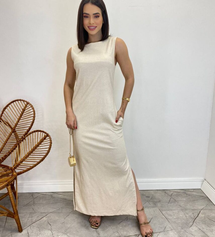 Vestido Longo de Linho Alça Grossa com Fenda Lateral Bege - Fernanda Ramos Store