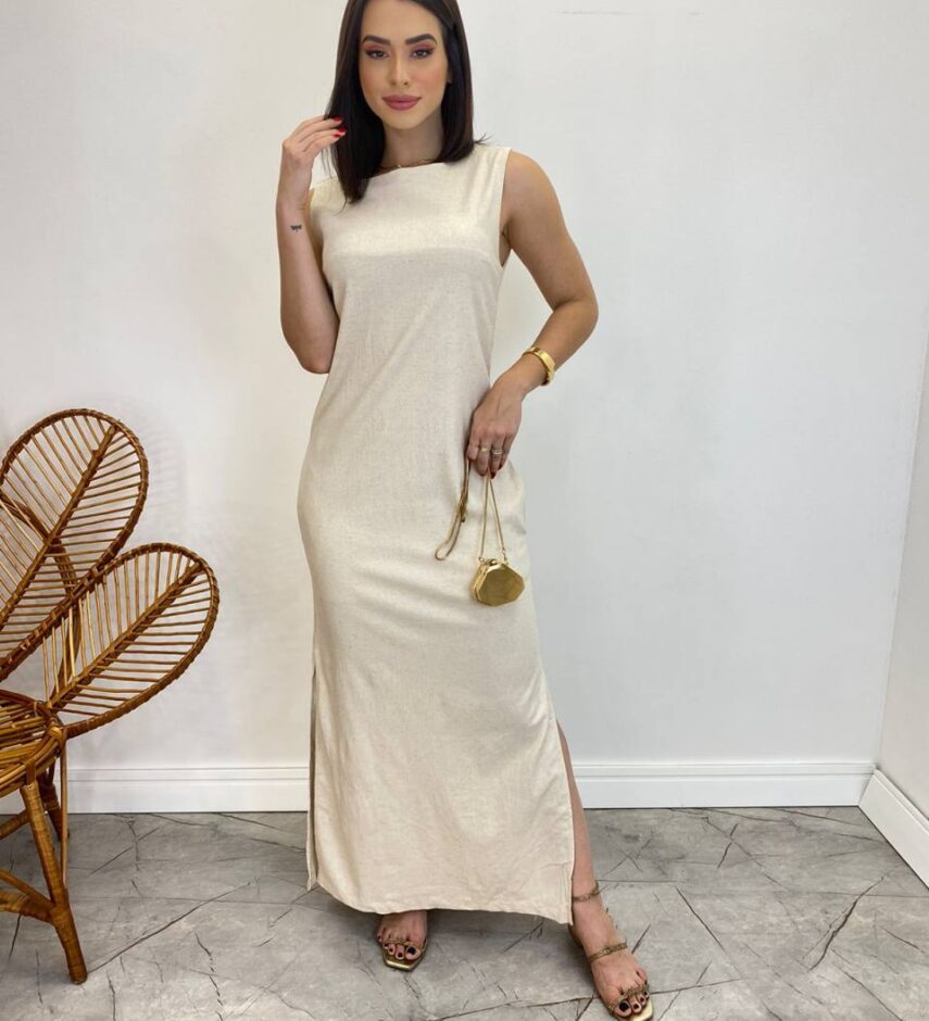 Vestido Longo de Linho Alça Grossa com Fenda Lateral Bege - Fernanda Ramos Store