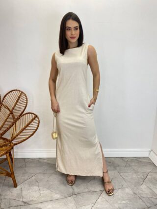 Vestido Longo de Linho Alça Grossa com Fenda Lateral Bege - Fernanda Ramos Store