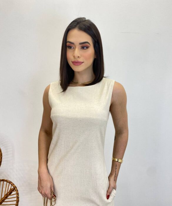 Vestido Longo de Linho Alça Grossa com Fenda Lateral Bege - Fernanda Ramos Store