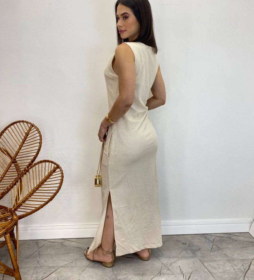 Vestido Longo de Linho Alça Grossa com Fenda Lateral Bege - Fernanda Ramos Store